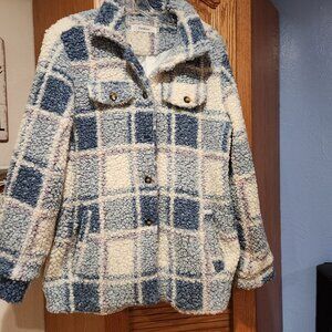 Women's Warm Sherpa Lined Fuzzy Fleece Plaid Shirt Jacket Button Down Pocket Top